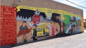 A mural about preventing gun violence at Española Valley High School.