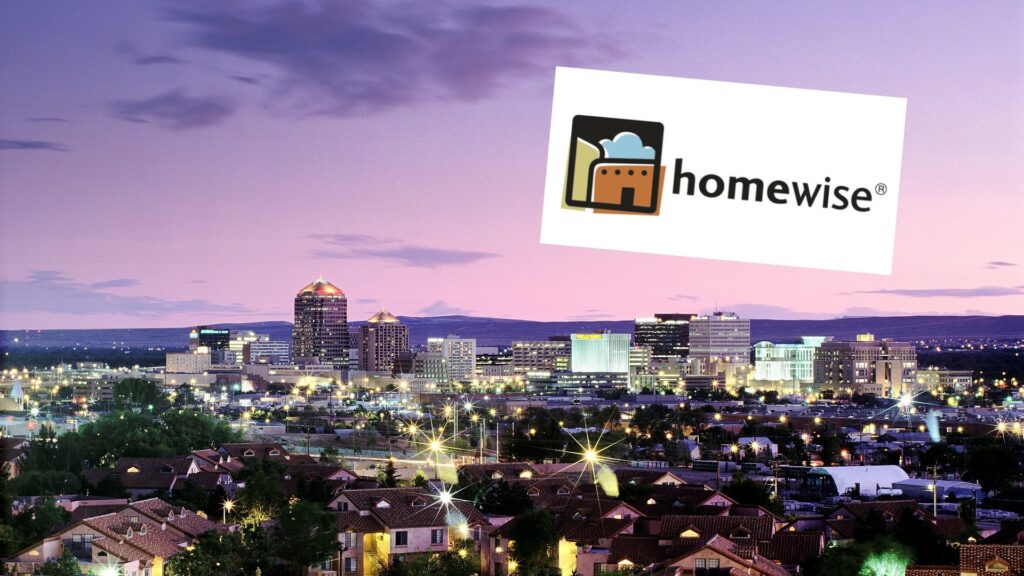 Downtown Albuquerque skyline at evening, with superimposed logo for Homewise.