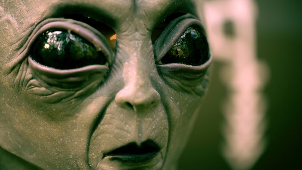 Close-up of a grey alien head.