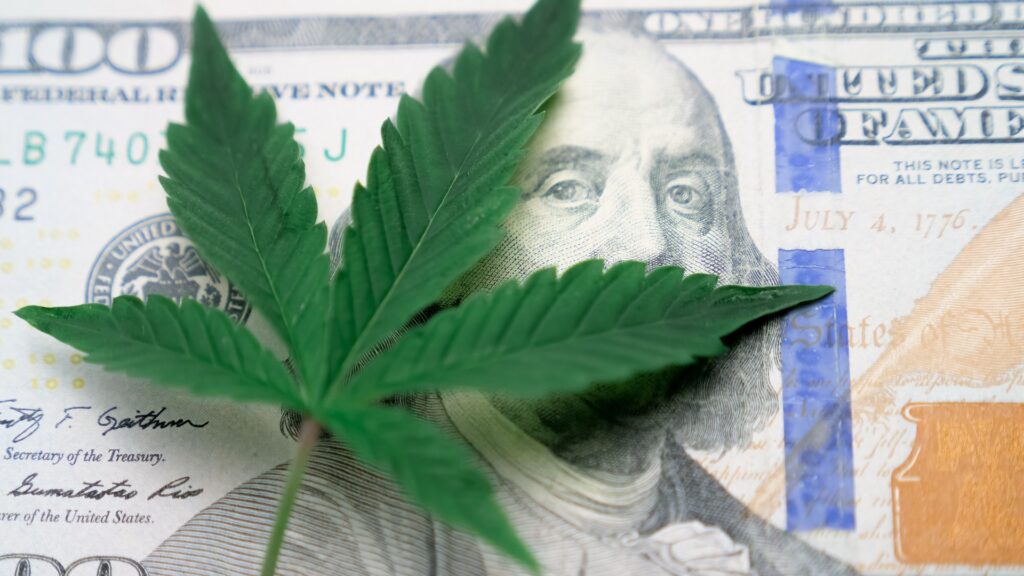 A cannabis leaf rests on top of a $100 dollar bill.