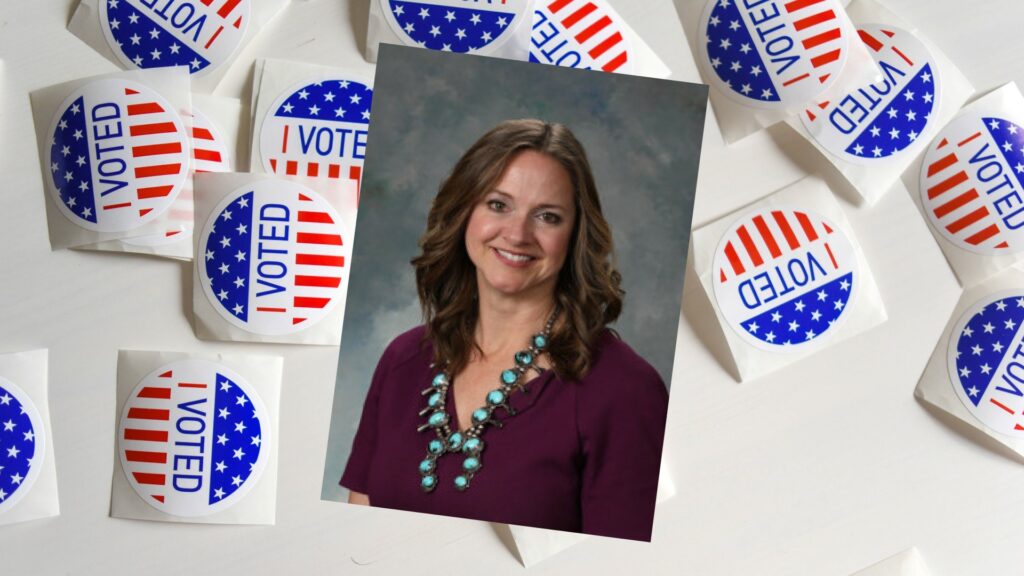 An image of Rebecca Dow on top of a background of "I Voted" stickers.