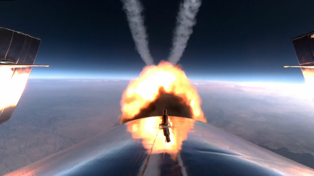 A Virgin Galactic rocket blasts into space.