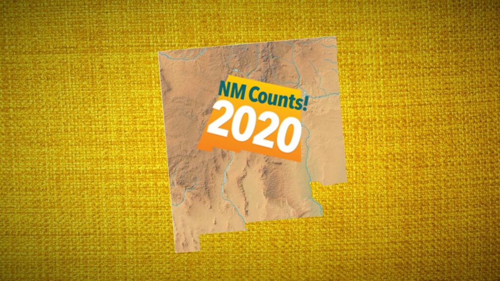 A map of new mexico that says NM Counts! 2020 on a yellow background.