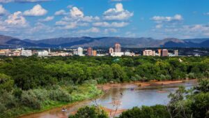 Albuquerque city skyline from the Rio Grande.