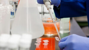 A gloved person putting a drop of liquid into a test tube