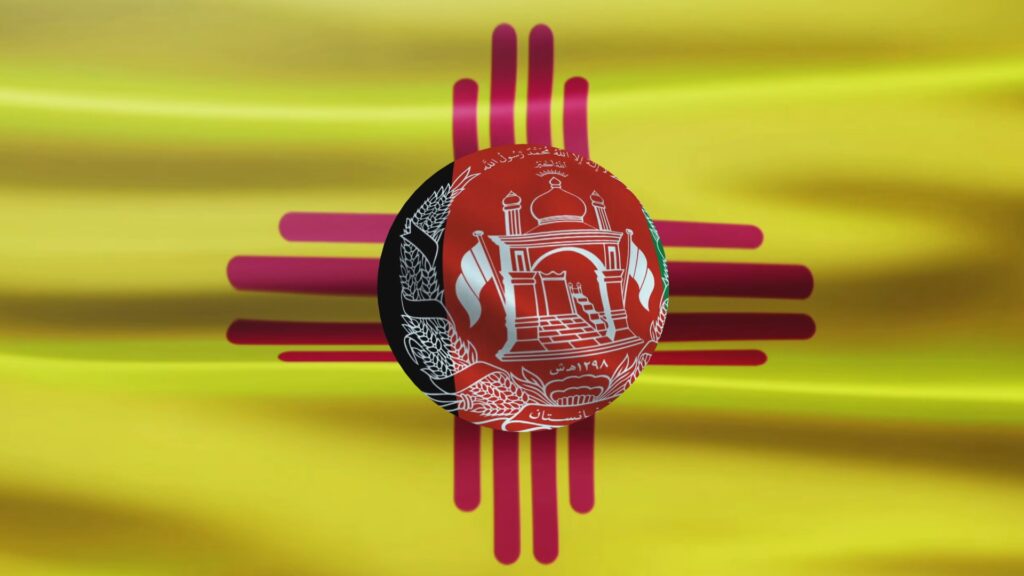 Composite of the New Mexican flag, with part of the Afghanistan flag in the Zia symbol.