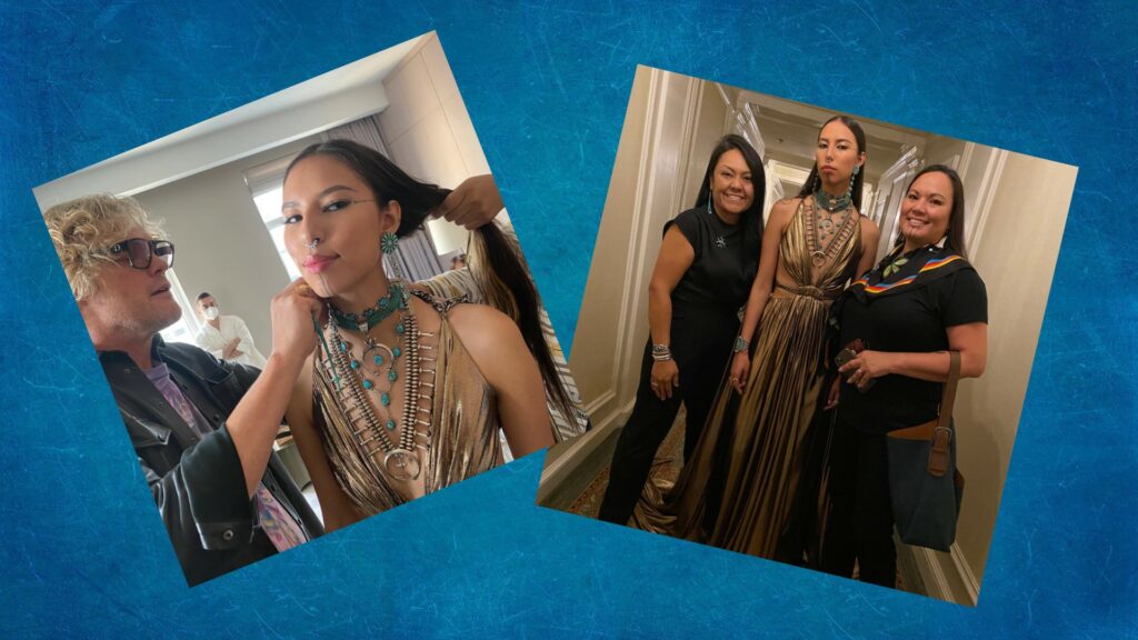 Pictures of Quannah Chasinghorse getting ready for the Met Gala