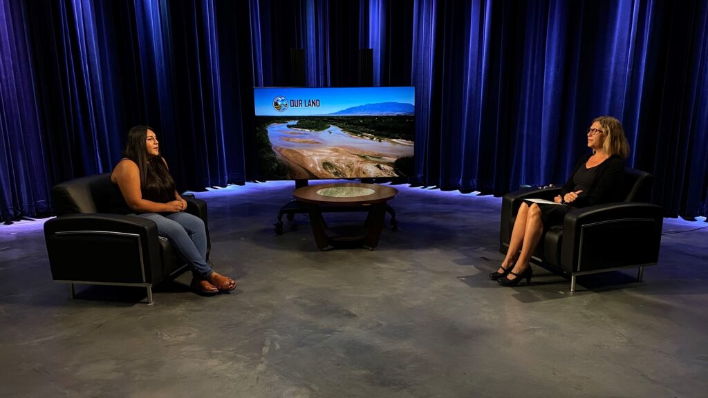 Laura Paskus conducting an interview with Julia Bernal in the studio