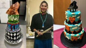 Composite of a person smiling next to two decorated cakes.