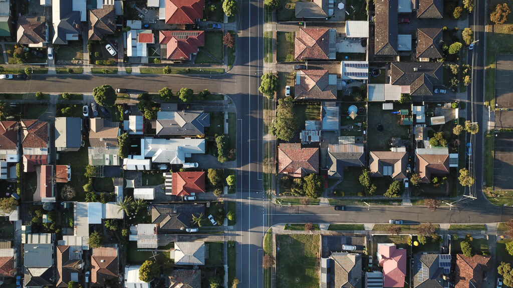 An overhead view of a neighborhood.