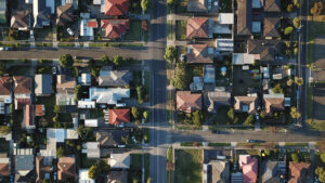 An overhead view of a neighborhood.