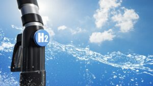 A 3D Rendering of a metal cannister with a H2 label and a sky background with a splash of water through the image.