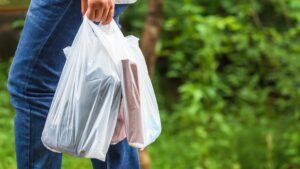 A person in jeans walks with two plastic bags full of groceries past green trees and foliage.