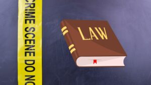 A chalkboard background with a cartoon book with the word "law" printed on the front and a cartoon drawing of crime scene tape superimposed.