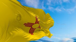 The New Mexico State Flag. Yellow with a red Zia symbol in the middle.
