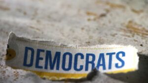A close-up of a ripped piece of paper with the word "democrats" printed on it.
