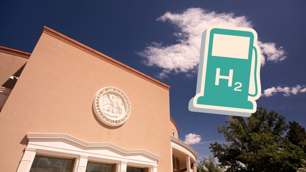 A worms-eye-view of the Roundhouse in Santa Fe with a Hydrogen "gas pump" graphic superimposed.