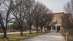The Roundhouse walkway lined with trees.