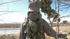 A person dressed as a porcupine with leaves attached to the costume for theatre at the Rio Grande River.