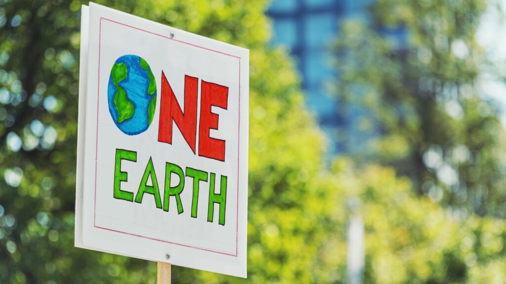 A picket sign that says "One Earth."