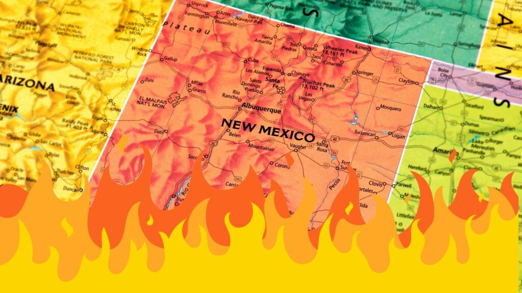 A map of New Mexico with cartoon flames at the bottom of the image.