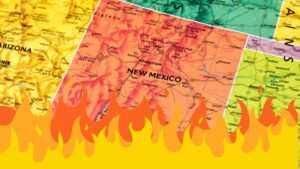 A map of New Mexico with cartoon flames at the bottom of the image.