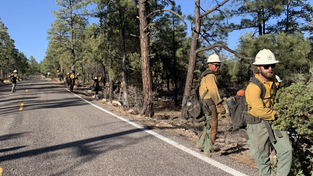 Firefighters working on the side of a road working on the Black Fire.