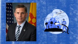 A photo of Senator Martin Heinrich with a graphic of firefighting a wildfire.
