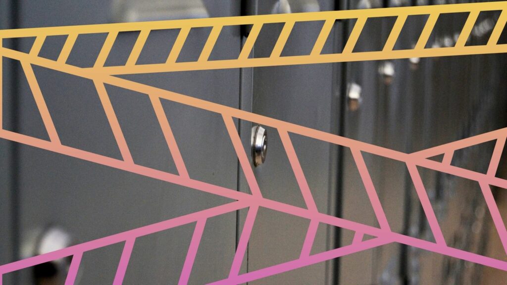 A black and white image of school lockers with decorative lines in the shape of caution tape superimposed.