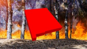 A picture of a wildfire with a 3-D graphic of the state of New Mexico.