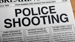 A newspaper that says "Police Shooting" as the headline.