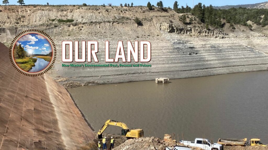 A section of the middle Rio Grande with contruction and the Our Land Logo superimposed.