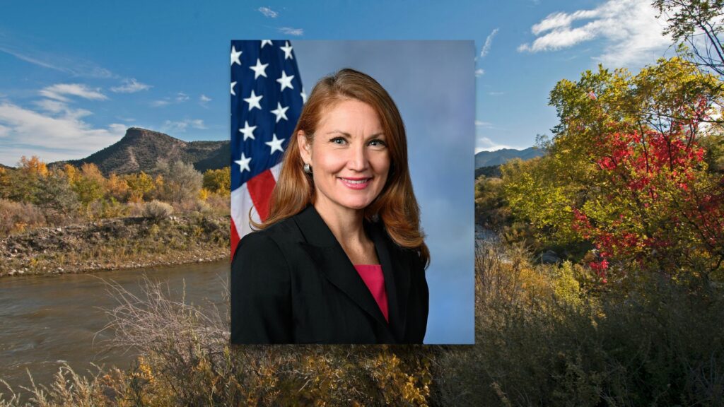 A portrait of U.S. Rep. Melanie Stansbury in front of a New Mexico landscape background.