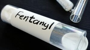 A vial filled with powdered Fentanyl.