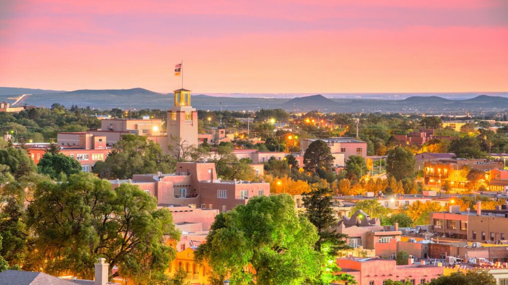 An overview of Santa Fe at sunset.