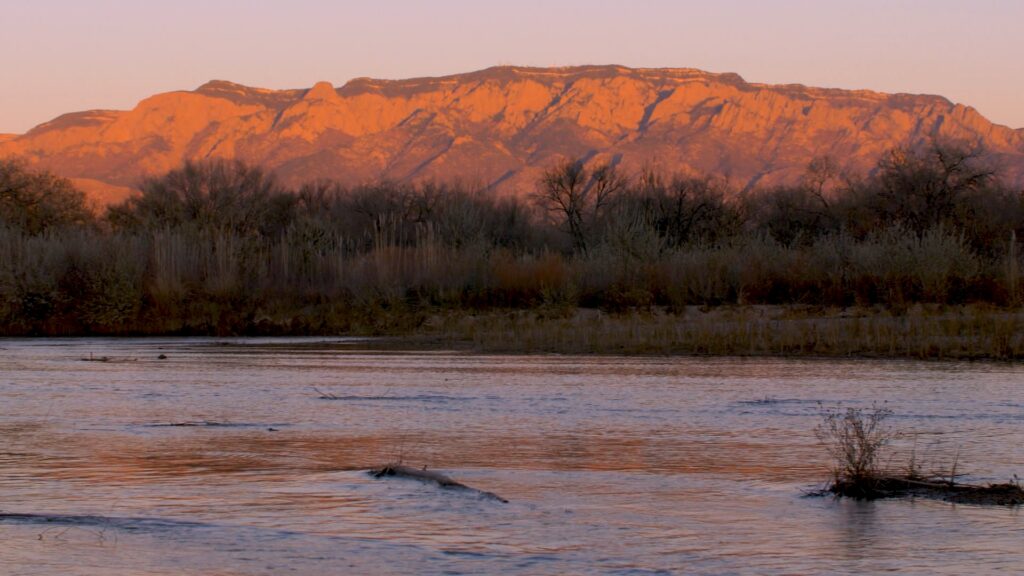 A mountain in the distance.