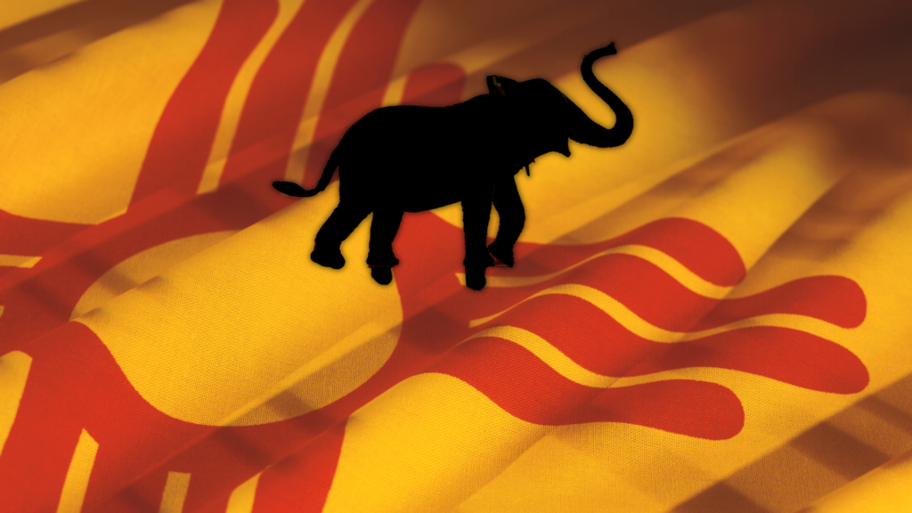 A New Mexico flag with the silhouetted shape of a elephant.