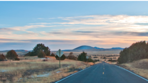 A road in the middle of a field with mountains in the background.