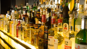A bar full of liquor bottles.