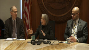 Governor Michelle Lujan Grisham delivering a press conference in the Roundhouse.