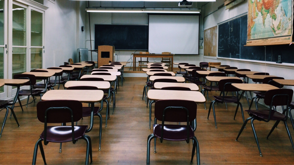 Rows of chairs in a classroom.