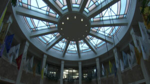 A circular skylight in a building.
