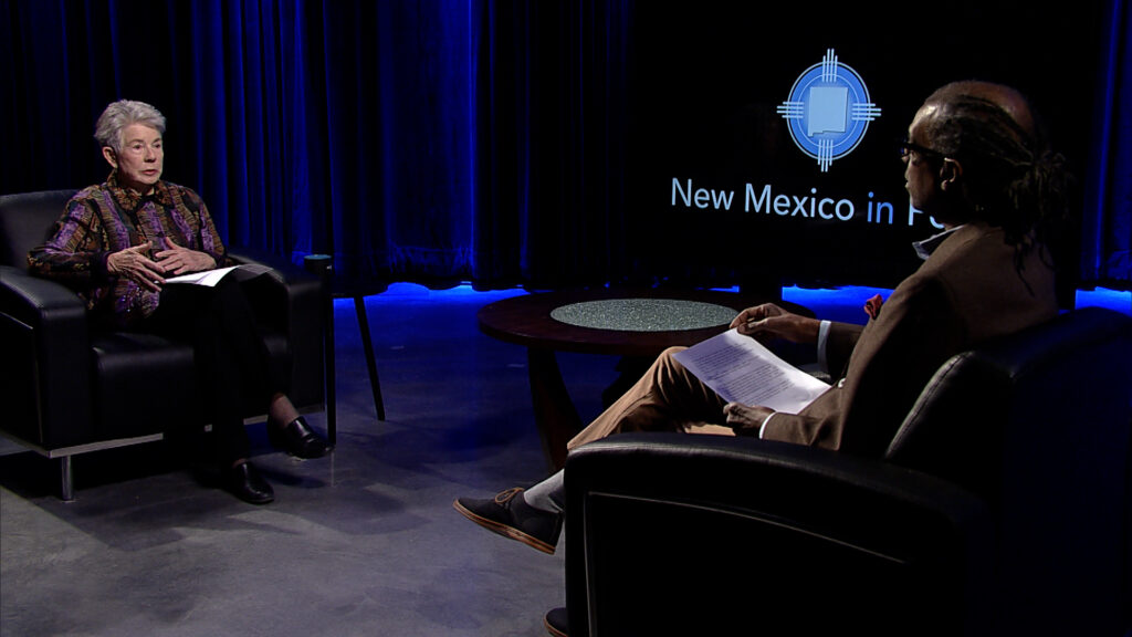 Two people sitting in chairs talking on a television.