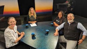 Four people sitting at a table in front of a camera.