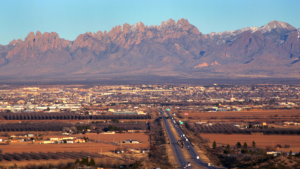 A mountain range in the distance.