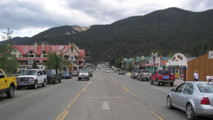 A street in a mountain town.