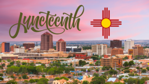The skyline of new mexico with the word juneteenth in the background.