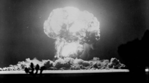 A black and white photo of a nuclear explosion.