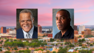 Two black men in front of a city skyline.