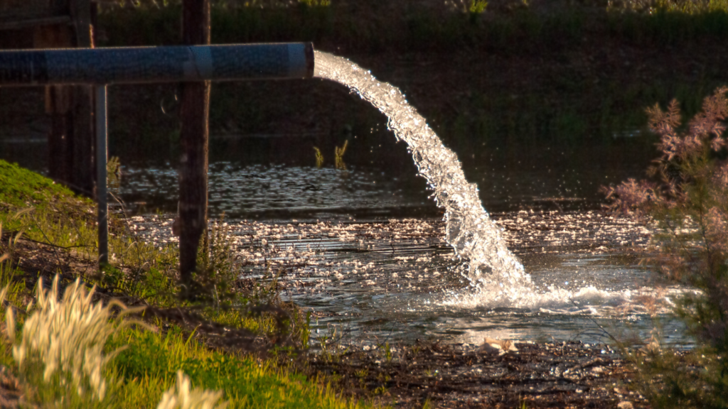 Water coming out of a pipe into a pond.